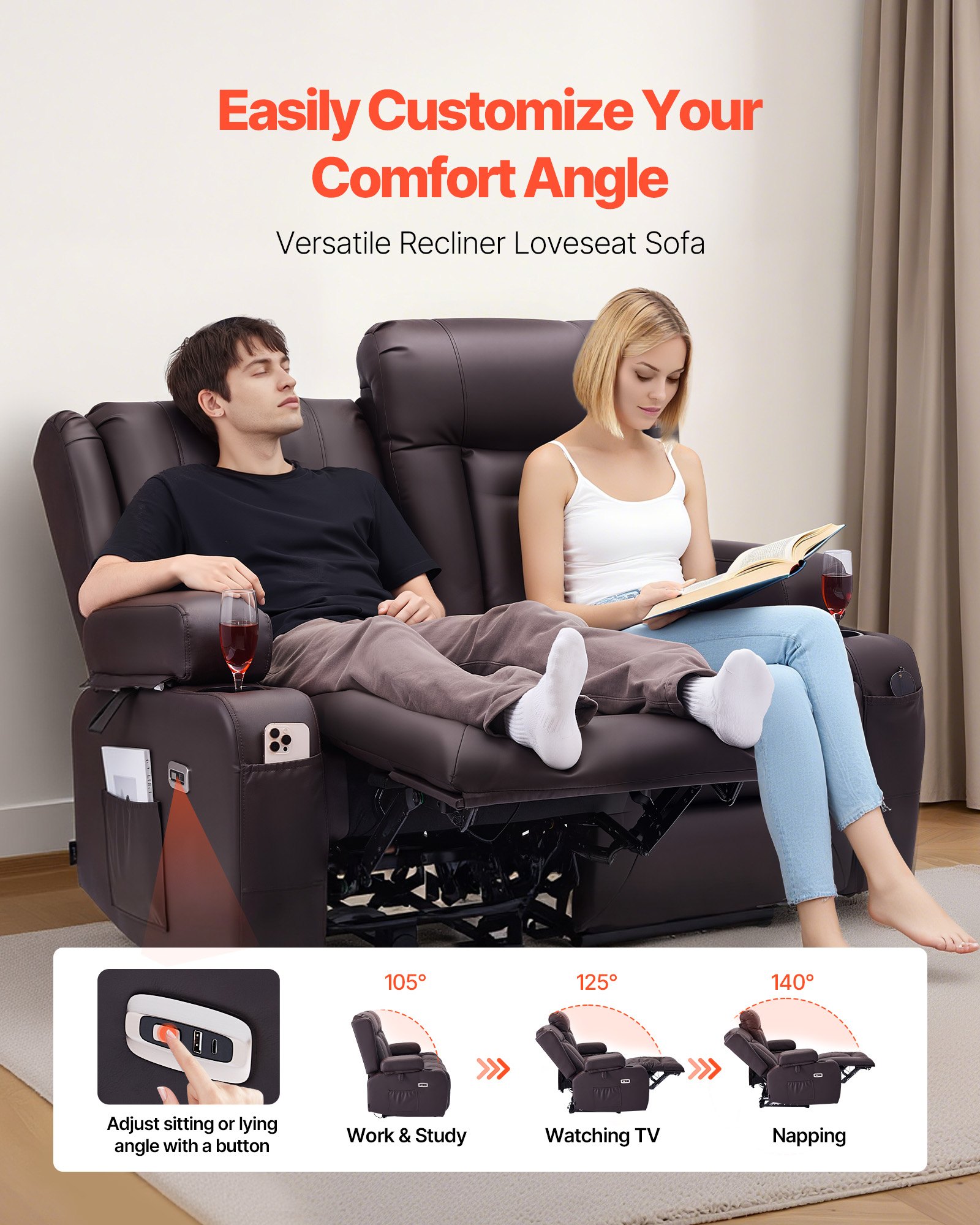 VEVOR Loveseat Recliner Sofa, Power Reclining Couch with Heating & Massage and Timer, PU Leather Electric Recliner Sofa with USB Ports, Cup Holders and Side Bags, Dual Loveseat Chair for Living Room