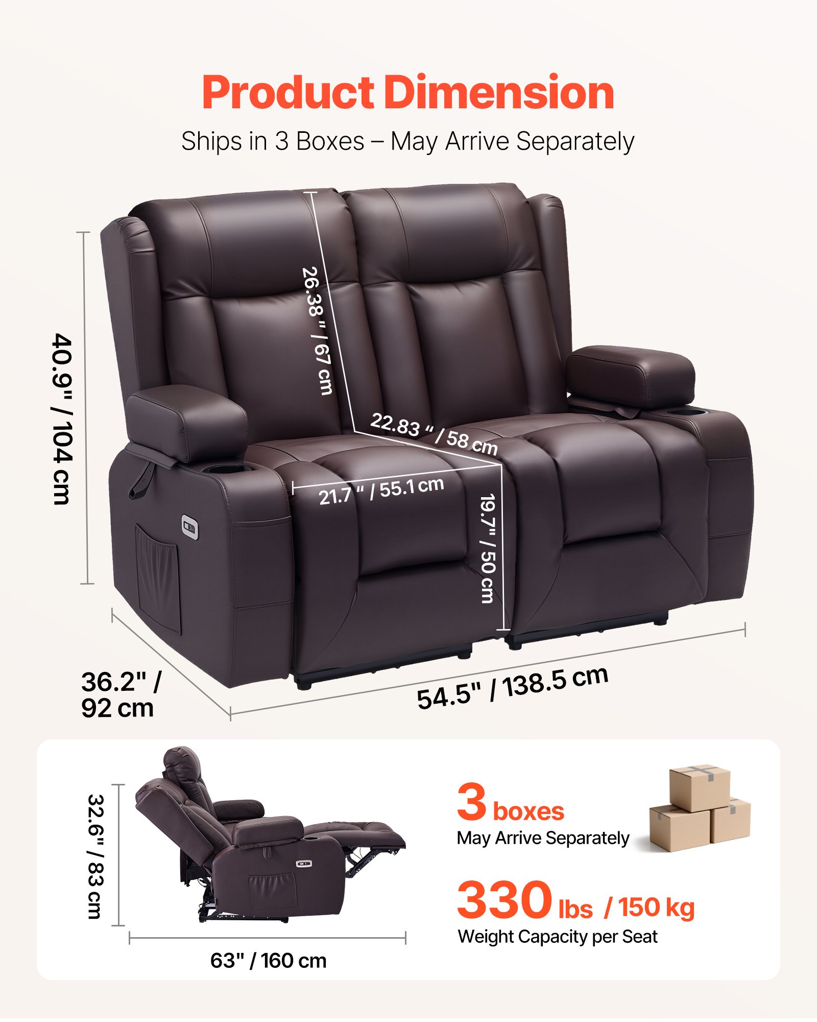 VEVOR Loveseat Recliner Sofa, Power Reclining Couch with Heating & Massage and Timer, PU Leather Electric Recliner Sofa with USB Ports, Cup Holders and Side Bags, Dual Loveseat Chair for Living Room