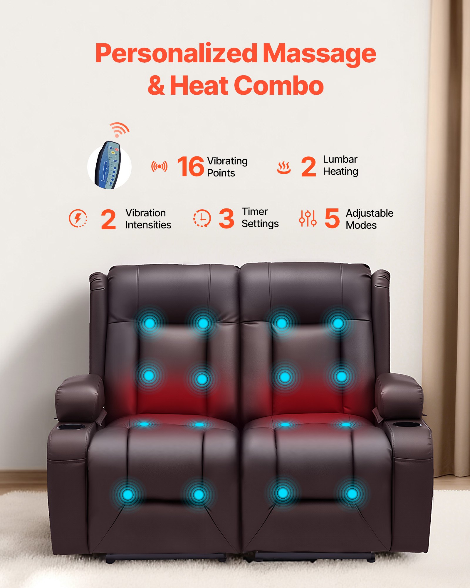 VEVOR Loveseat Recliner Sofa, Power Reclining Couch with Heating & Massage and Timer, PU Leather Electric Recliner Sofa with USB Ports, Cup Holders and Side Bags, Dual Loveseat Chair for Living Room