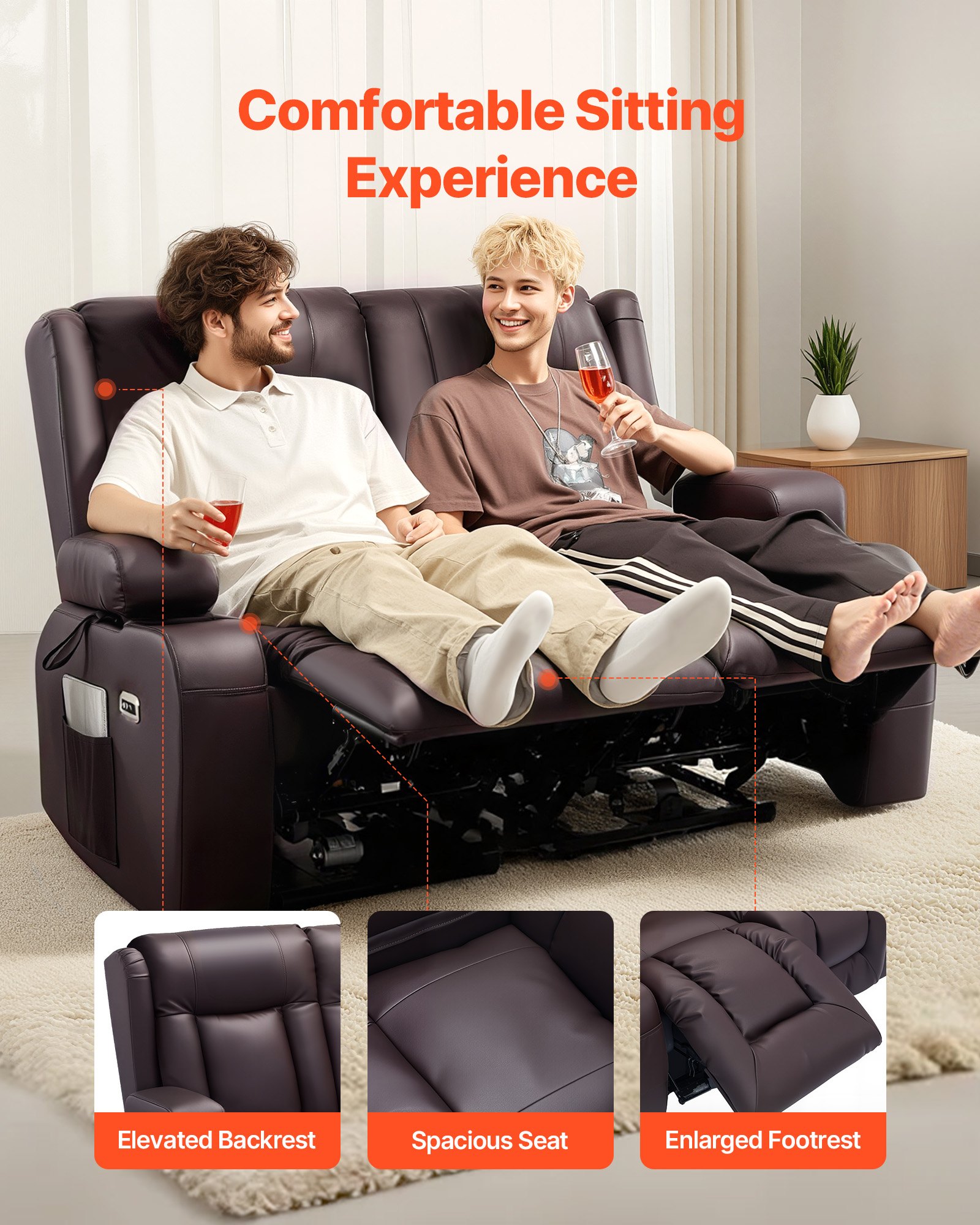 VEVOR Loveseat Recliner Sofa, Power Reclining Couch with Heating & Massage and Timer, PU Leather Electric Recliner Sofa with USB Ports, Cup Holders and Side Bags, Dual Loveseat Chair for Living Room