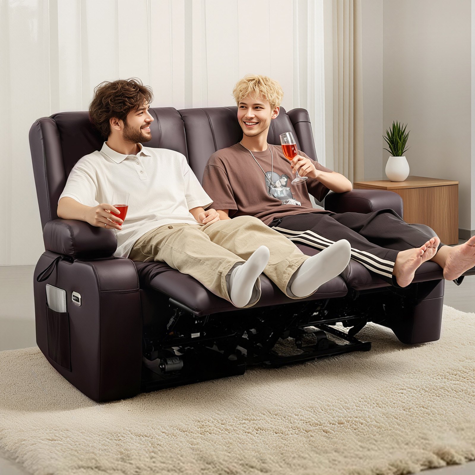 VEVOR Loveseat Recliner Sofa, Power Reclining Couch with Heating & Massage and Timer, PU Leather Electric Recliner Sofa with USB Ports, Cup Holders and Side Bags, Dual Loveseat Chair for Living Room