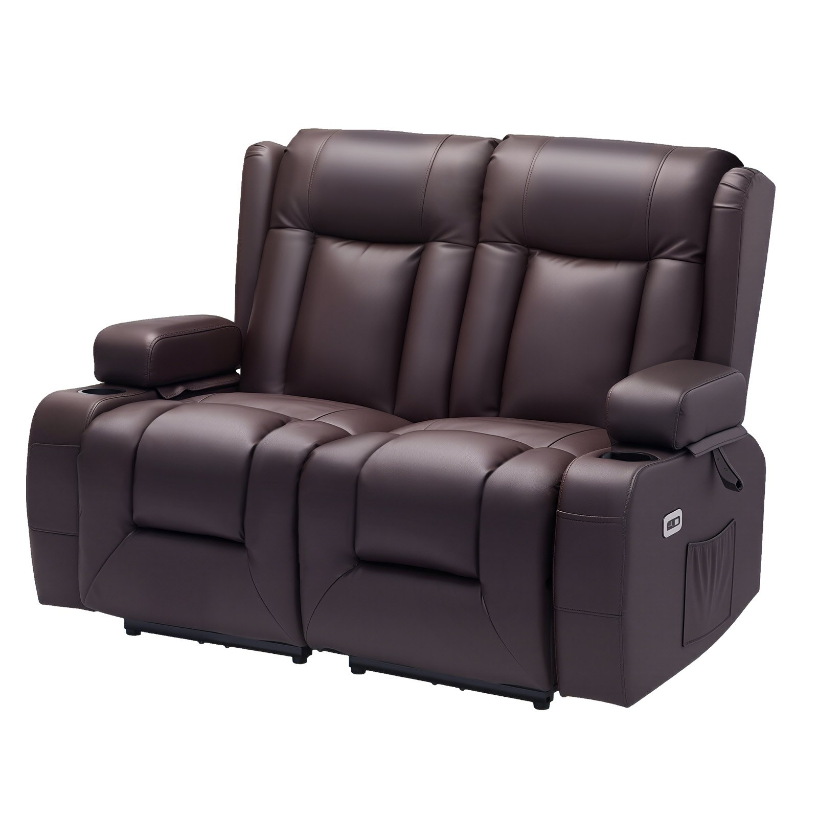 VEVOR Loveseat Recliner Sofa, Power Reclining Couch with Heating & Massage and Timer, PU Leather Electric Recliner Sofa with USB Ports, Cup Holders and Side Bags, Dual Loveseat Chair for Living Room