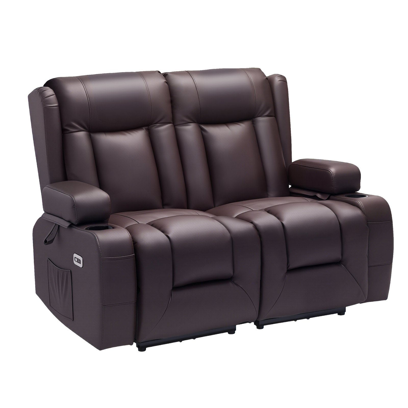VEVOR Loveseat Recliner Sofa, Power Reclining Couch with Heating & Massage and Timer, PU Leather Electric Recliner Sofa with USB Ports, Cup Holders and Side Bags, Dual Loveseat Chair for Living Room
