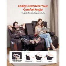 VEVOR Loveseat Recliner Sofa, Power Reclining Couch with Heating & Massage and Timer, PU Leather Electric Recliner Sofa with Center Console, USB Ports, Cup Holders and Side Bags for Living Room