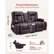 VEVOR Loveseat Recliner Sofa, Power Reclining Couch with Heating & Massage and Timer, PU Leather Electric Recliner Sofa with Center Console, USB Ports, Cup Holders and Side Bags for Living Room