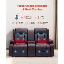 VEVOR Loveseat Recliner Sofa, Power Reclining Couch with Heating & Massage and Timer, PU Leather Electric Recliner Sofa with Center Console, USB Ports, Cup Holders and Side Bags for Living Room