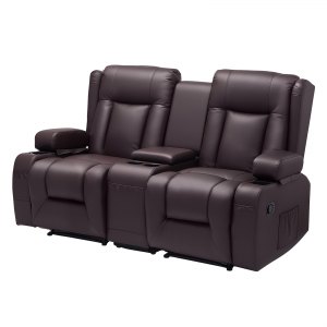 VEVOR Loveseat Recliner Sofa, Manual Reclining Couch with Center Console, PU Faux Leather Recliner Sofa with USB Ports, Cup Holders and Storage Bags, Dual Loveseat Chair for Living Room/RV, Brown | VEVOR US