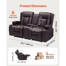 VEVOR Loveseat Recliner Sofa, Manual Reclining Couch with Center Console, PU Faux Leather Recliner Sofa with USB Ports, Cup Holders and Storage Bags, Dual Loveseat Chair for Living Room/RV, Brown