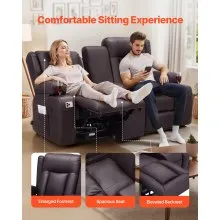 VEVOR Loveseat Recliner Sofa, Manual Reclining Couch with Center Console, PU Faux Leather Recliner Sofa with USB Ports, Cup Holders and Storage Bags, Dual Loveseat Chair for Living Room/RV, Brown
