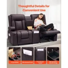 VEVOR Loveseat Recliner Sofa, Manual Reclining Couch with Center Console, PU Faux Leather Recliner Sofa with USB Ports, Cup Holders and Storage Bags, Dual Loveseat Chair for Living Room/RV, Brown