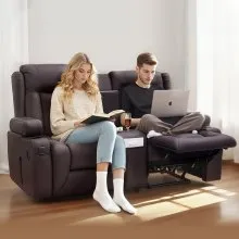VEVOR Loveseat Recliner Sofa, Manual Reclining Couch with Center Console, PU Faux Leather Recliner Sofa with USB Ports, Cup Holders and Storage Bags, Dual Loveseat Chair for Living Room/RV, Brown