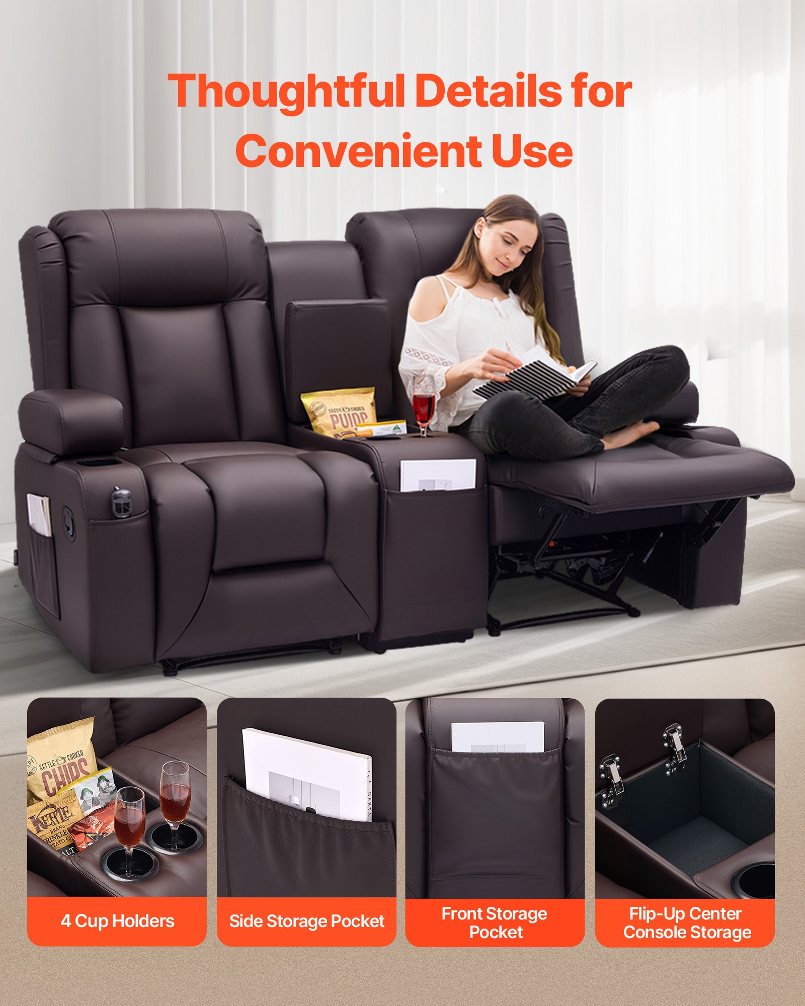 Rozkladacia pohovka VEVOR Loveseat, manuálne rozkladacia pohovka so stredovou konzolou, rozkladacia pohovka z umelej kože s USB portami, držiakmi na poháre a úložnými taškami, dvojitá rozkladacia pohovka do obývačky/karavanu, hnedá