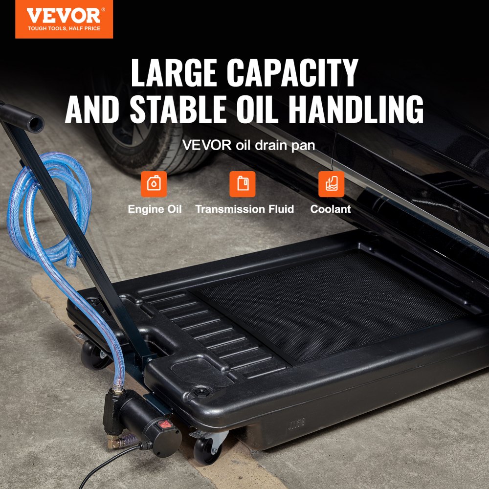 VEVOR 17 Gal Low Profile Oil Drain Pan - Oil Drain Pan with Pump, Oil Change Pan with 180W Electric Pump, 8.2 ft. Hose & Folding Handle, Rolling Oil