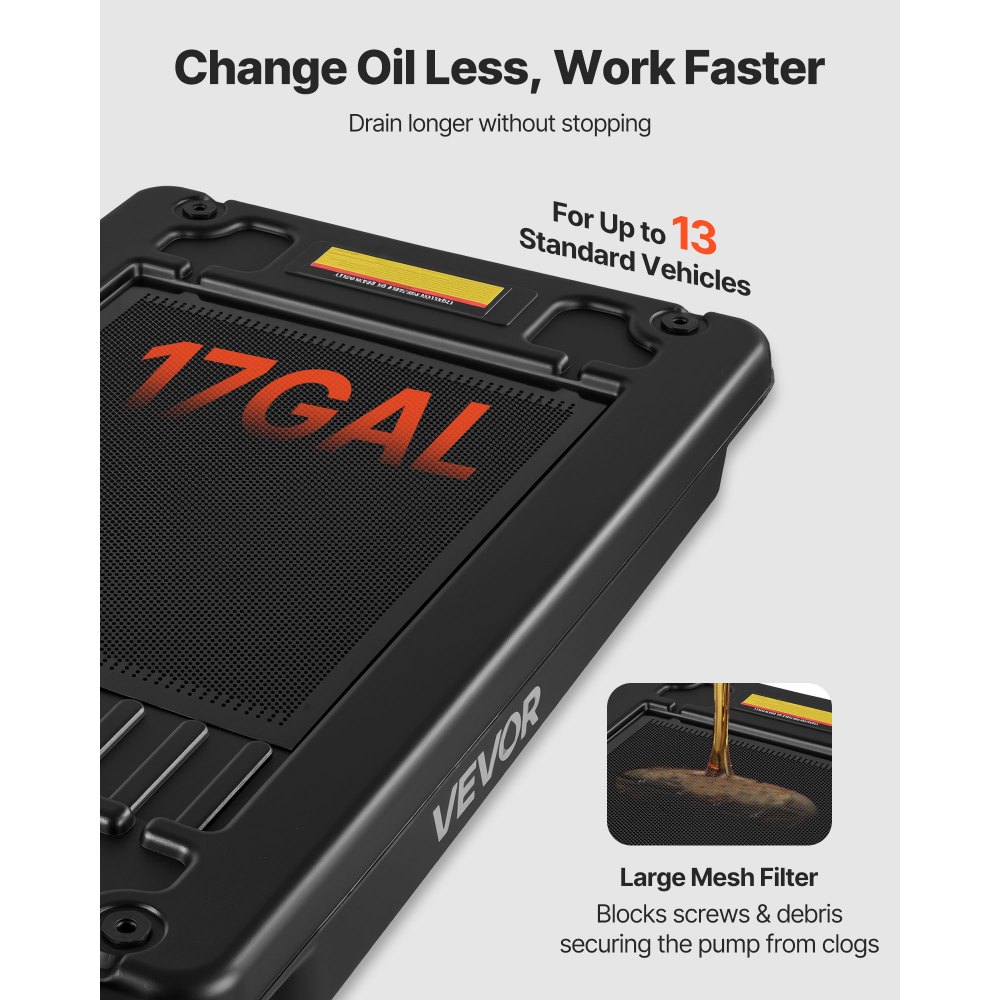 VEVOR Low Profile Oil Drain Pan, 17 Gallon Oil Drain Pan with Pump, Oil Change Pan with 180W Electric Pump, 8.2ft Hose & Folding Handle, Rolling Oil Drain Cart for Trucks, Buses, RVs