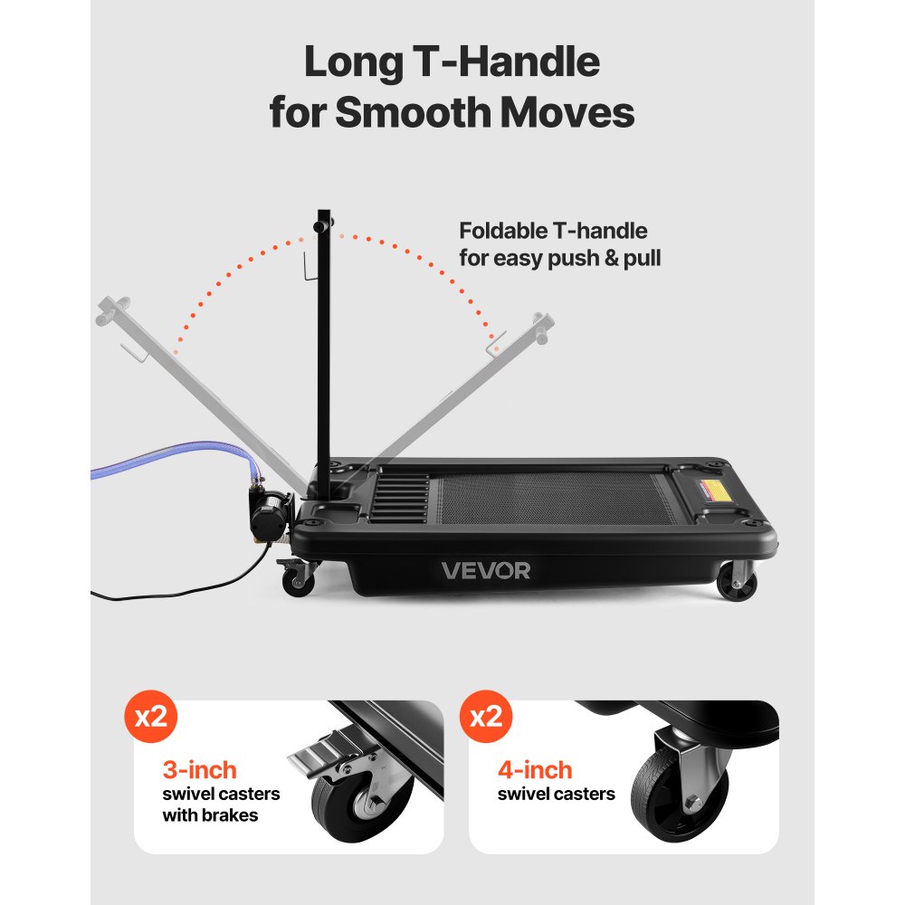 VEVOR Low Profile Oil Drain Pan, 17 Gallon Oil Drain Pan with Pump, Oil Change Pan with 180W Electric Pump, 8.2ft Hose & Folding Handle, Rolling Oil Drain Cart for Trucks, Buses, RVs