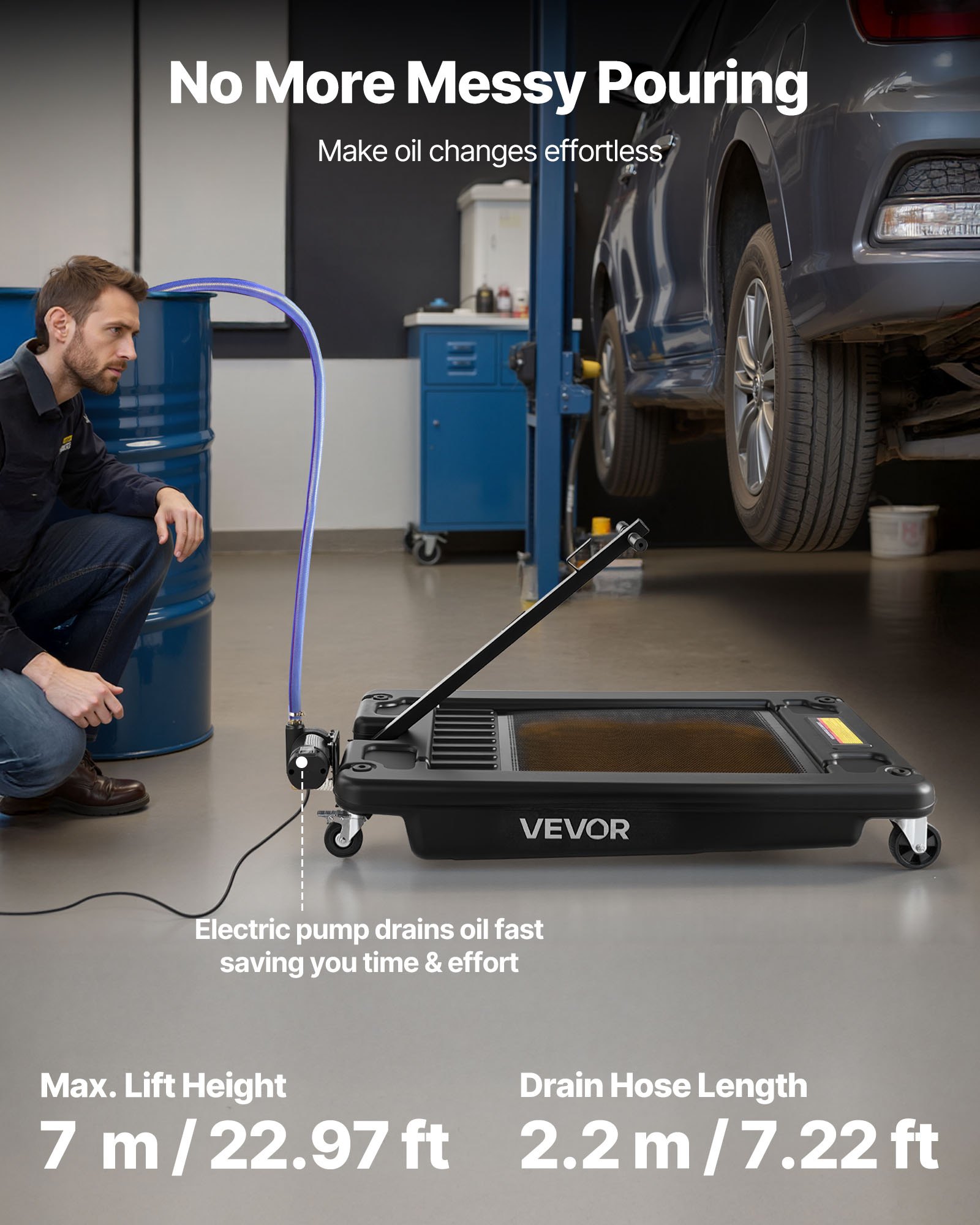 VEVOR Low Profile Oil Drain Pan, 17 Gallon Oil Drain Pan with Pump, Oil Change Pan with 180W Electric Pump, 8.2ft Hose & Folding Handle, Rolling Oil Drain Cart for Trucks, Buses, RVs