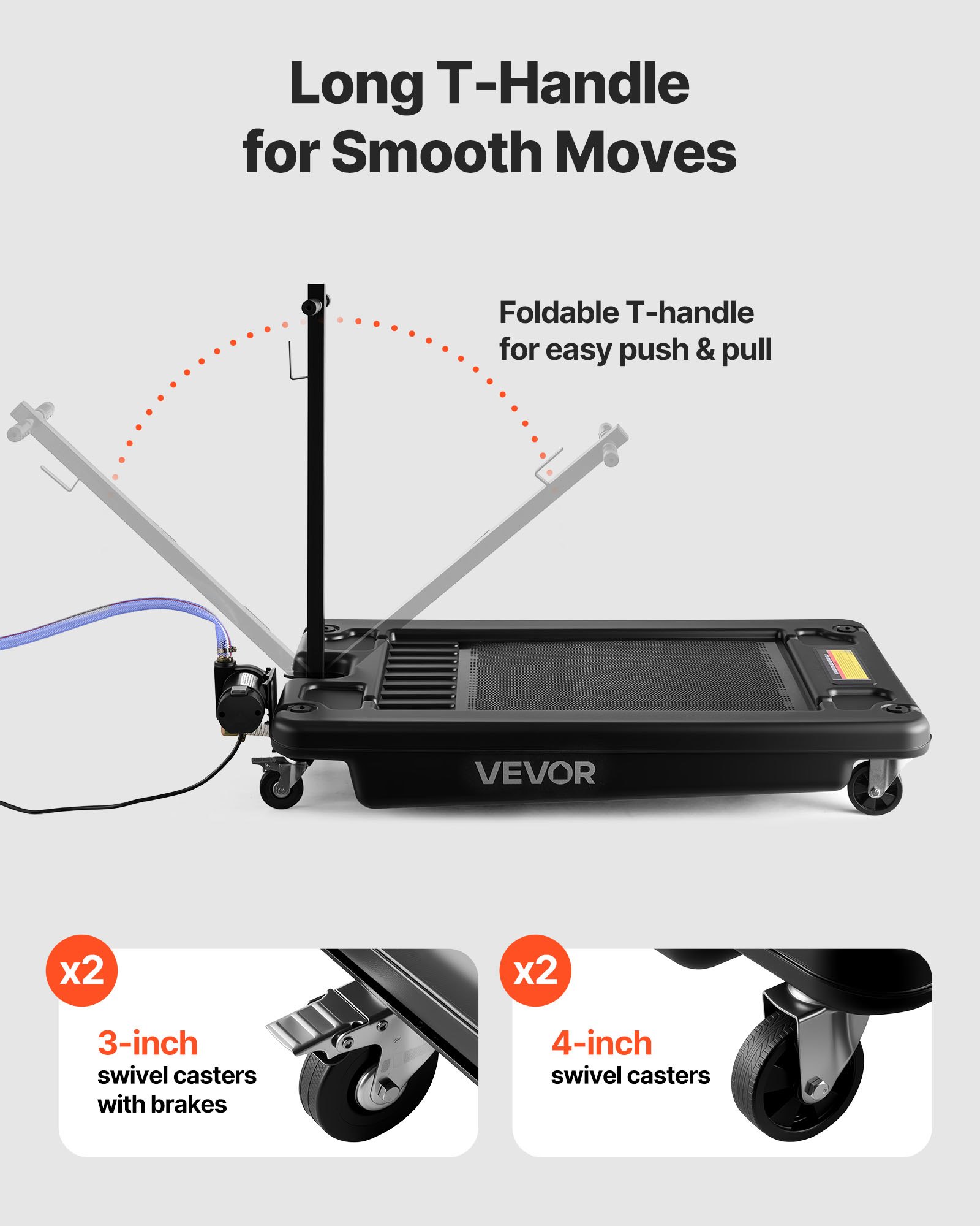 VEVOR Low Profile Oil Drain Pan, 17 Gallon Oil Drain Pan with Pump, Oil Change Pan with 180W Electric Pump, 8.2ft Hose & Folding Handle, Rolling Oil Drain Cart for Trucks, Buses, RVs