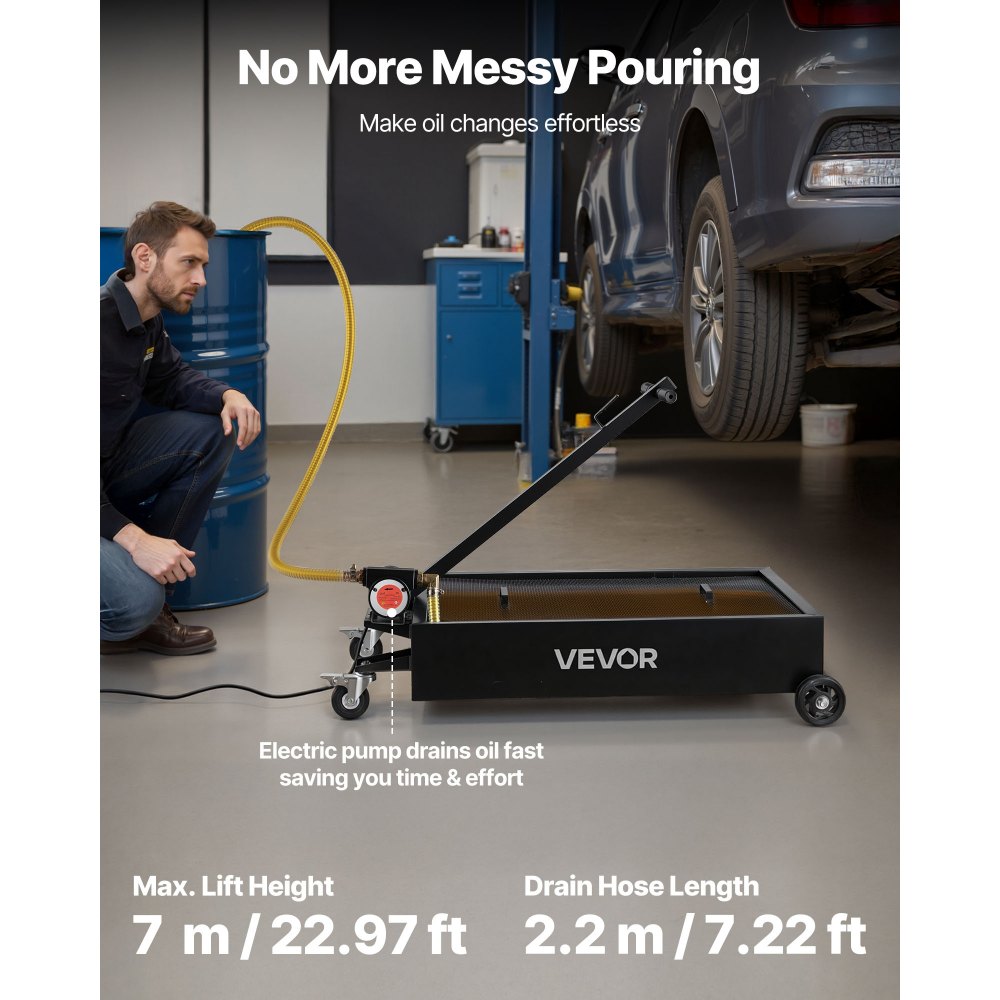 VEVOR Low Profile Oil Drain Pan, 15 Gallon Capacity, Rolling Oil Drain Pan with Electric Pump & 7.2 ft Hose, Leak-proof & Corrosion-resistant, Fit for Cars, SUVs, Trucks, Motorcycles, ATVs, Metal