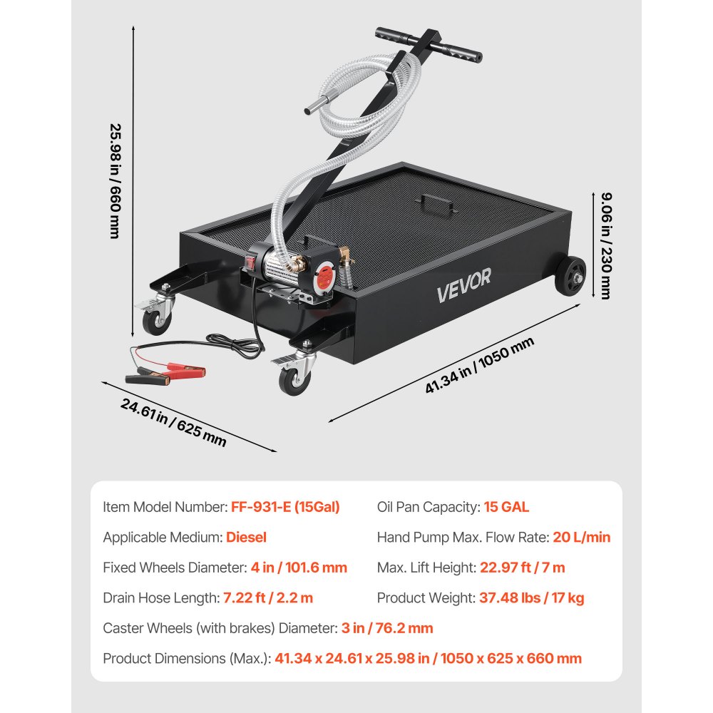 VEVOR Low Profile Oil Drain Pan, 56.8 L Capacity, Rolling Oil Drain Pan with Electric Pump & 2.2 m Hose, Leak-proof & Corrosion-resistant, Fit for Cars, SUVs, Trucks, Motorcycles, ATVs, Metal