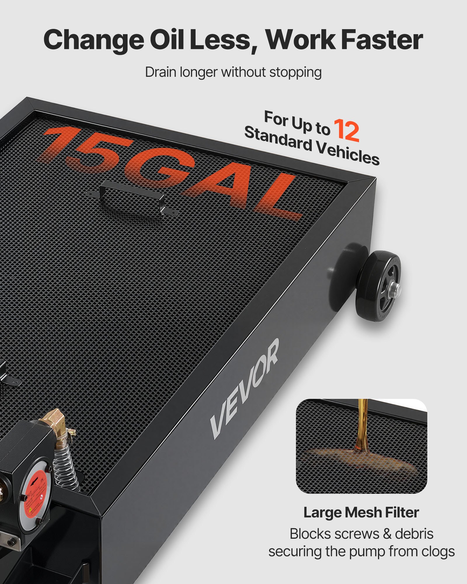 VEVOR Low Profile Oil Drain Pan, 15 Gallon Capacity, Rolling Oil Drain Pan with Electric Pump & 7.2 ft Hose, Leak-proof & Corrosion-resistant, Fit for Cars, SUVs, Trucks, Motorcycles, ATVs, Metal