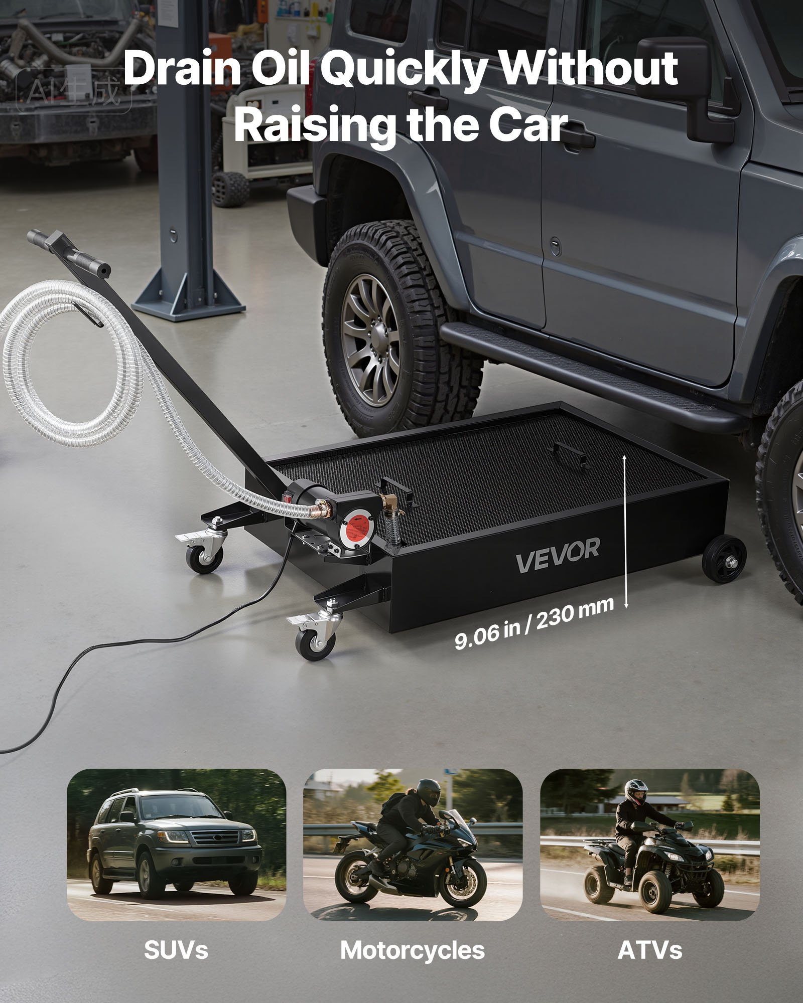 VEVOR Low Profile Oil Drain Pan, 15 Gallon Capacity, Rolling Oil Drain Pan with Electric Pump & 7.2 ft Hose, Leak-proof & Corrosion-resistant, Fit for Cars, SUVs, Trucks, Motorcycles, ATVs, Metal