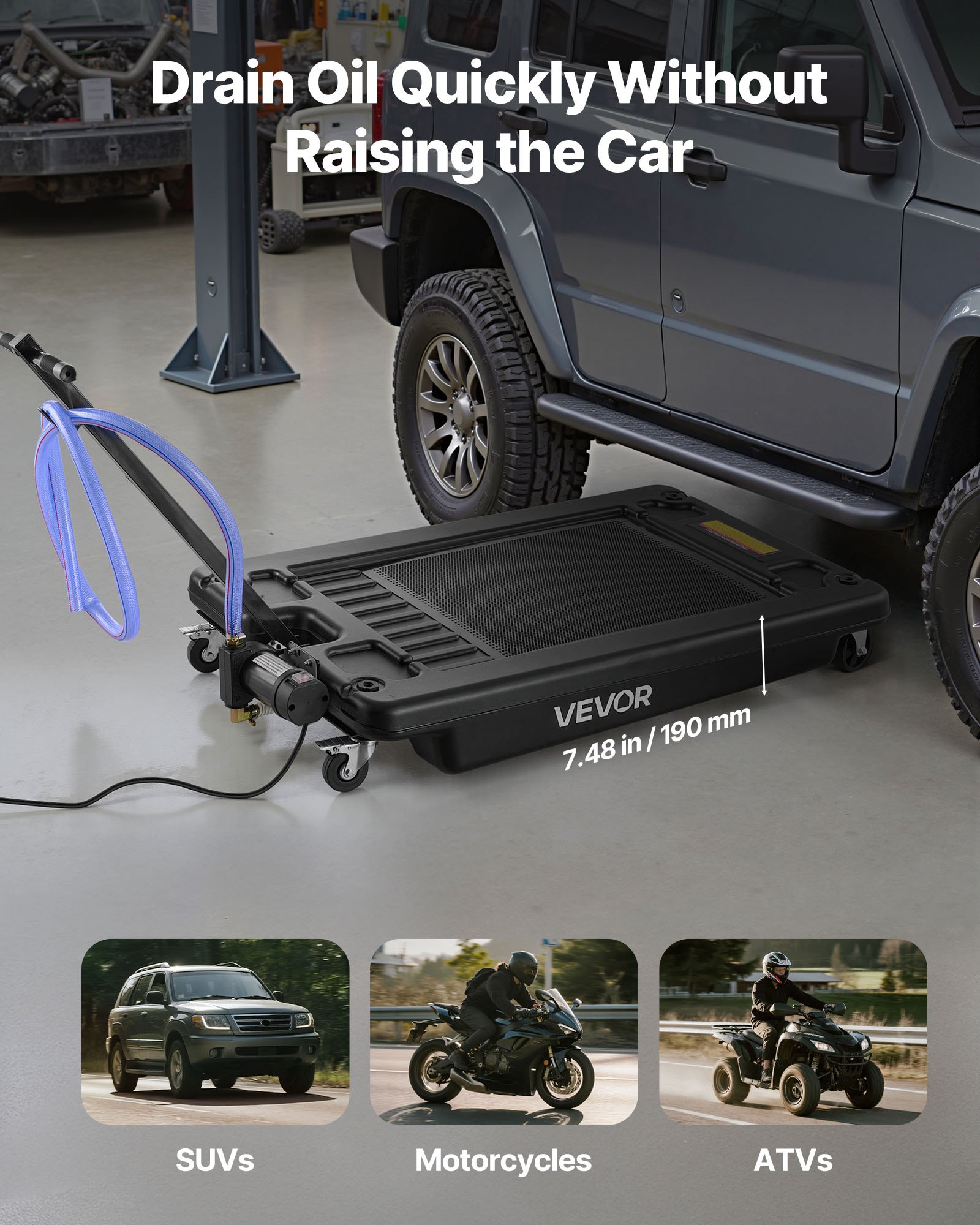 VEVOR Low Profile Oil Drain Pan, 64 L Capacity, Rolling Oil Drain Pan with Electric Pump & 2.2 m Hose, Leak-proof & Corrosion-resistant, Fit for Cars, SUVs, Trucks, Motorcycles, ATVs, Metal