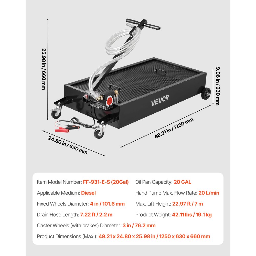 VEVOR Low Profile Oil Drain Pan, 75.7 L Capacity, Rolling Oil Drain Pan with Electric Pump & 2.2 m Hose, Leak-proof & Corrosion-resistant, Fit for Cars, SUVs, Trucks, Motorcycles, ATVs, Metal