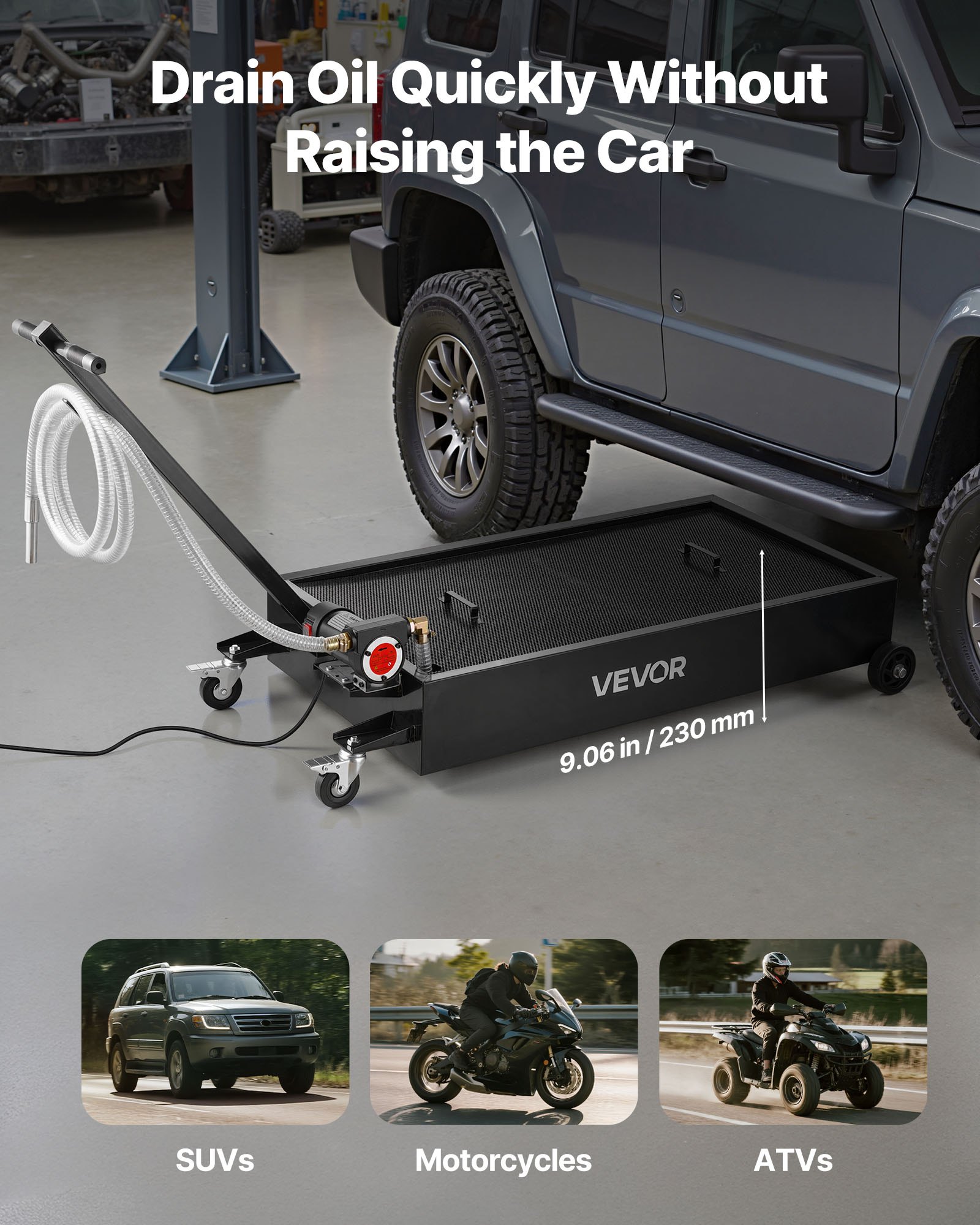 VEVOR Low Profile Oil Drain Pan, 75.7 L Capacity, Rolling Oil Drain Pan with Electric Pump & 2.2 m Hose, Leak-proof & Corrosion-resistant, Fit for Cars, SUVs, Trucks, Motorcycles, ATVs, Metal