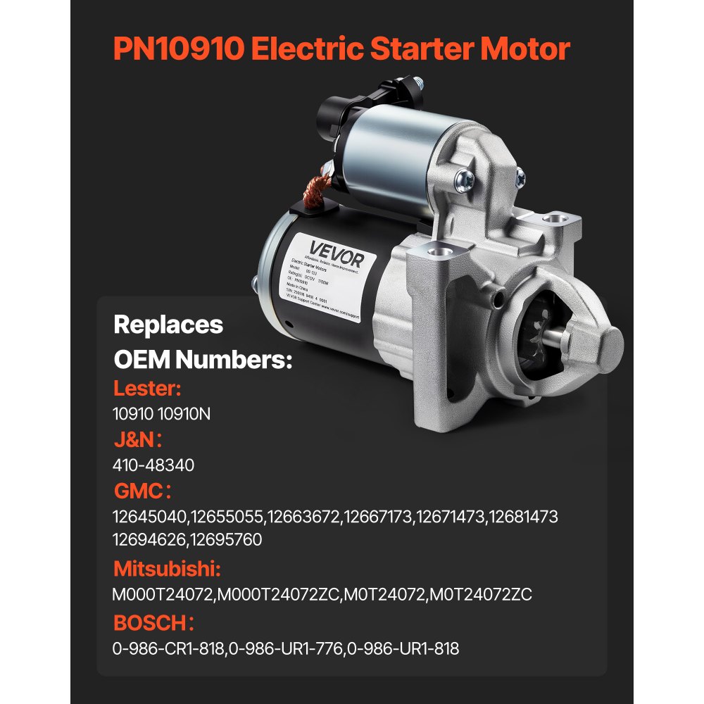 VEVOR Starter 10910, Starter Motor Replacement Compatible with Cadillac Escalade V8 6.2L 2015-2017, Chevrolet Express 2500 V6 4.3L 2018-2020, GMC V6 4.3L 2018-2022, OEM 410-48340 12645040 M000T24072