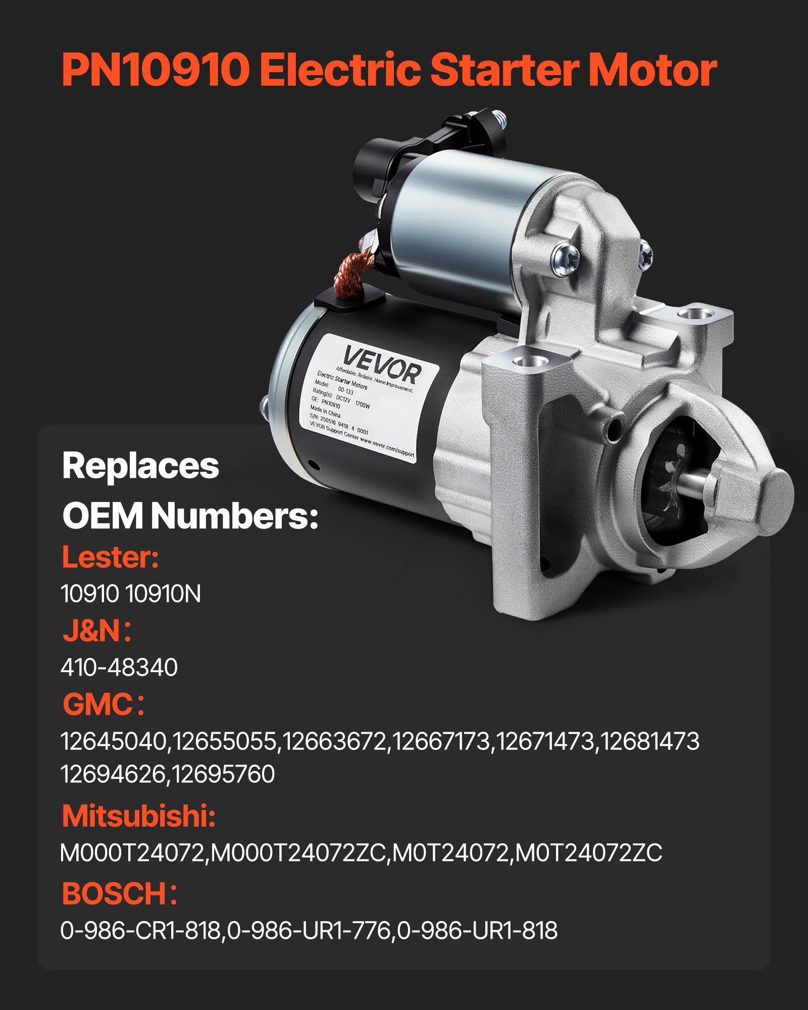VEVOR Starter 10910, Starter Motor Replacement Compatible with Cadillac Escalade V8 6.2L 2015-2017, Chevrolet Express 2500 V6 4.3L 2018-2020, GMC V6 4.3L 2018-2022, OEM 410-48340 12645040 M000T24072