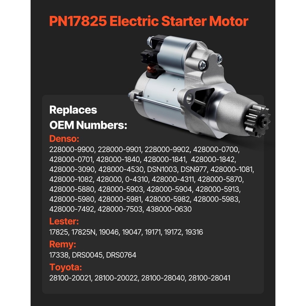 VEVOR Starter 17825, Starter Motor Replacement Compatible with Toyota Camry V6 3.5L 2007-2017, Lexus ES350 V6 3.5L 2007-2018, Scion XB L4 2.4L 2008-2015, OEM 228000-9900 17338 410-52205 28100-20021