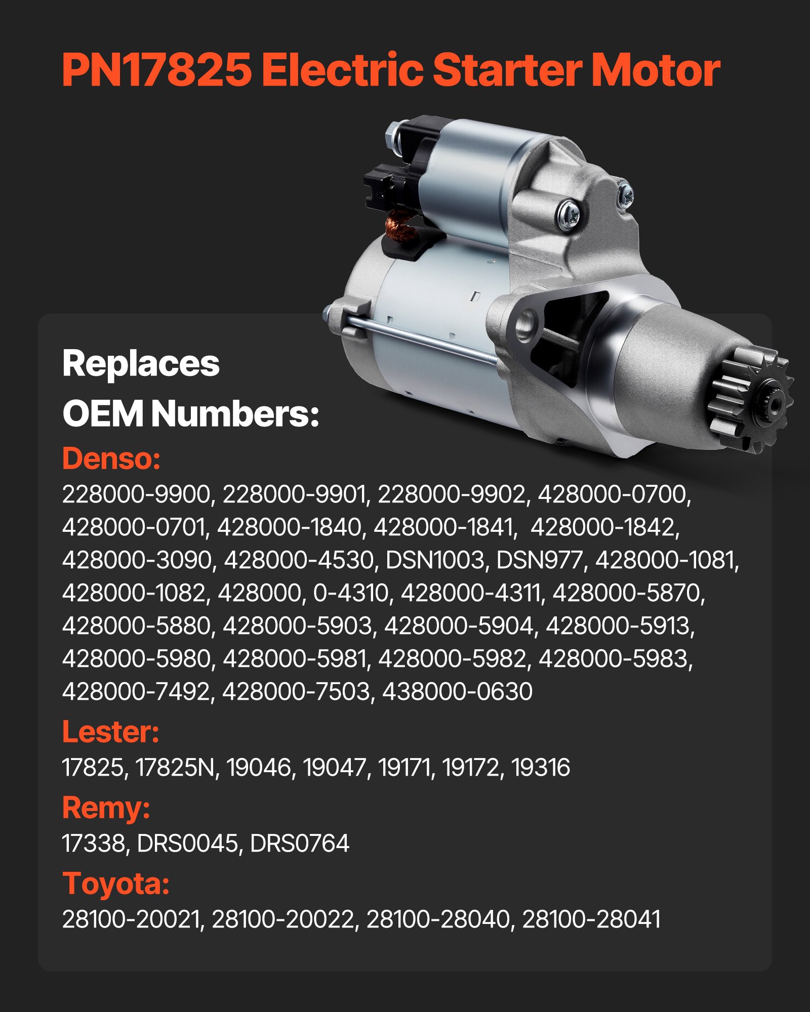 VEVOR Starter 17825, Starter Motor Replacement Compatible with Toyota Camry V6 3.5L 2007-2017, Lexus ES350 V6 3.5L 2007-2018, Scion XB L4 2.4L 2008-2015, OEM 228000-9900 17338 410-52205 28100-20021