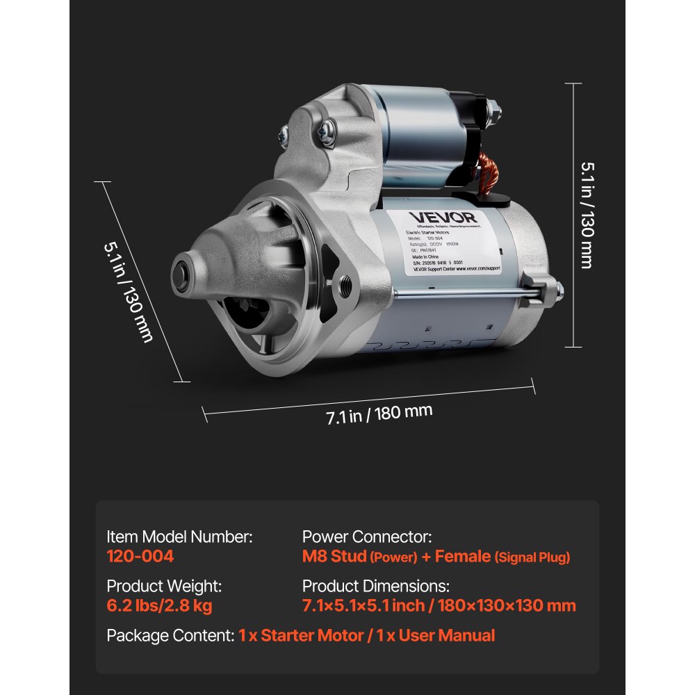 VEVOR Starter 17841, Starter Motor Replacement Compatible with Pontiac Vibe L4 1.8L 2003-2008, Toyota Corolla/Matrix L4 1.8L 2003-2008, OEM 19338656 28100-22090 88864512 2800330 N17841 SND0295 SR3282X