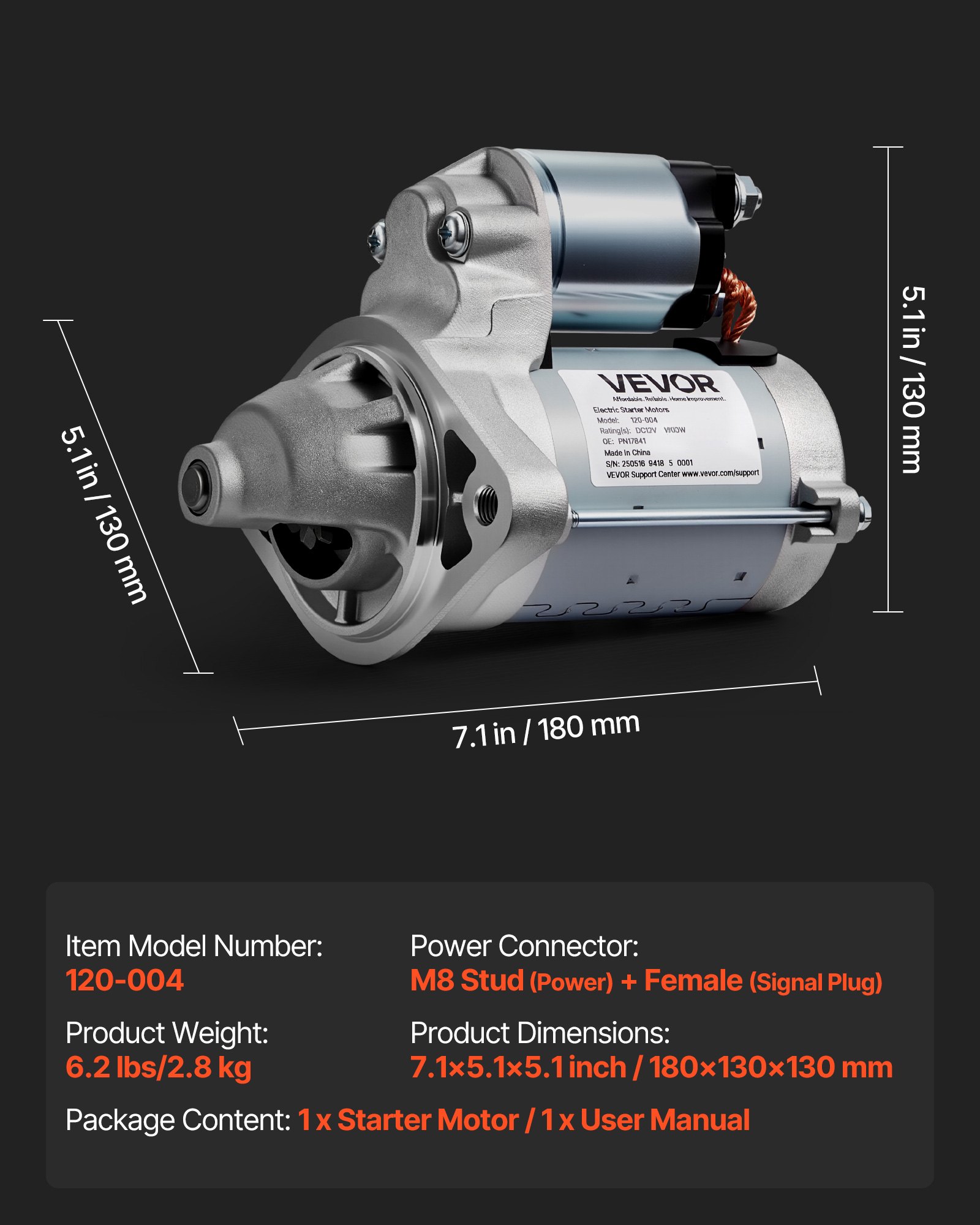 VEVOR Starter 17841, Starter Motor Replacement Compatible with Pontiac Vibe L4 1.8L 2003-2008, Toyota Corolla/Matrix L4 1.8L 2003-2008, OEM 19338656 28100-22090 88864512 2800330 N17841 SND0295 SR3282X