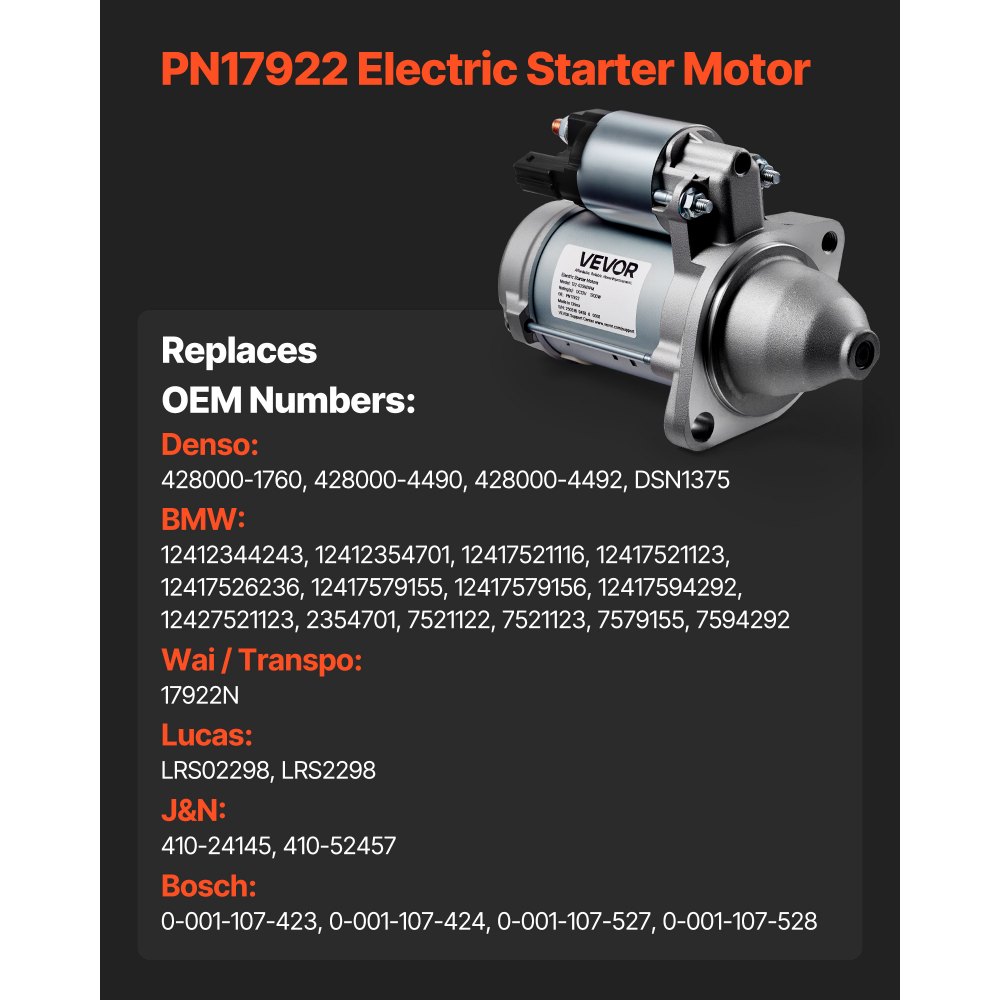 VEVOR Starter 17922, Starter Motor Replacement Compatible with BMW 1 Series M 3.0L L6 2011, 128i 3.0L L6 2008-2011, 325i/325xi 3.0L L6 2006, 335xi 3.0L L6 2007-2008, OEM 428000-1760 410-24145 LRS02298
