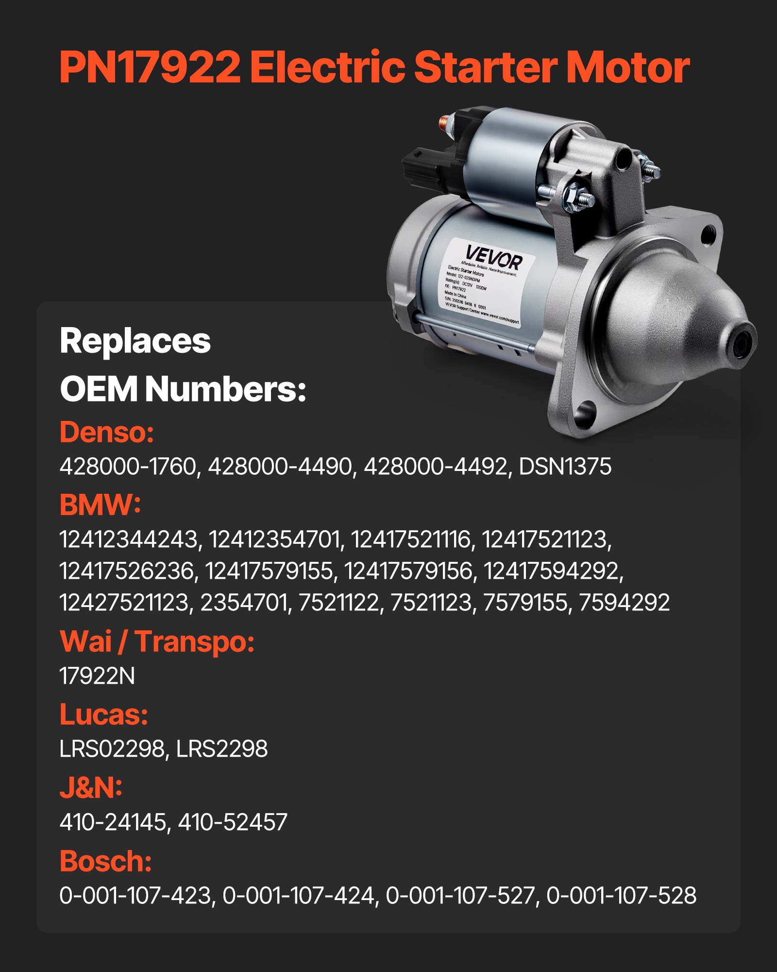 VEVOR Starter 17922, Starter Motor Replacement Compatible with BMW 1 Series M 3.0L L6 2011, 128i 3.0L L6 2008-2011, 325i/325xi 3.0L L6 2006, 335xi 3.0L L6 2007-2008, OEM 428000-1760 410-24145 LRS02298