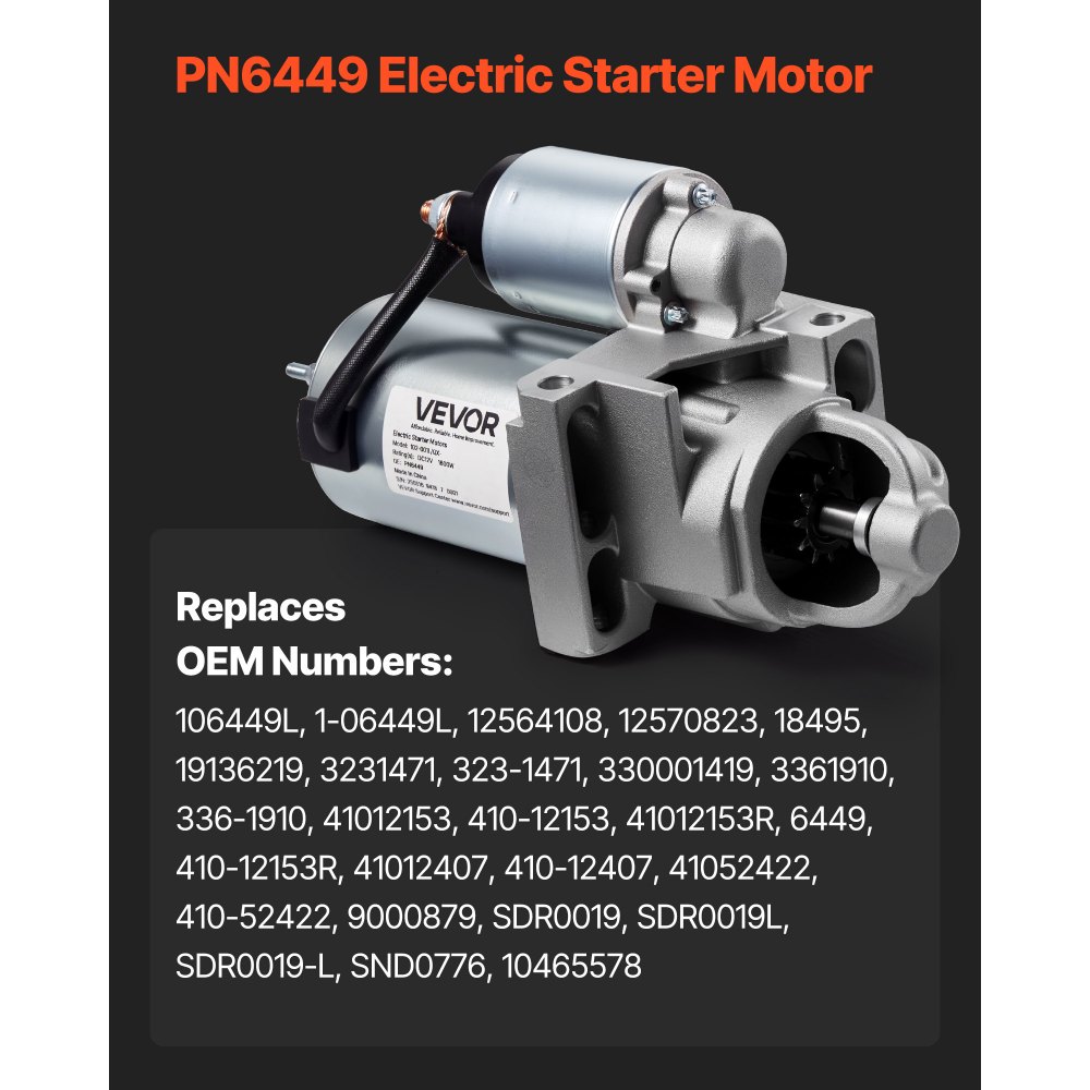 VEVOR Starter 6449, Starter Motor Replacement Compatible with Oldsmobile Bravada V6 4.3L 96-98, Isuzu Hombre V6 4.3L 97-98, GMC Yukon XL 2500 V8 8.1L 01-02, OEM 106449L 12564108 9000879 410-12153R
