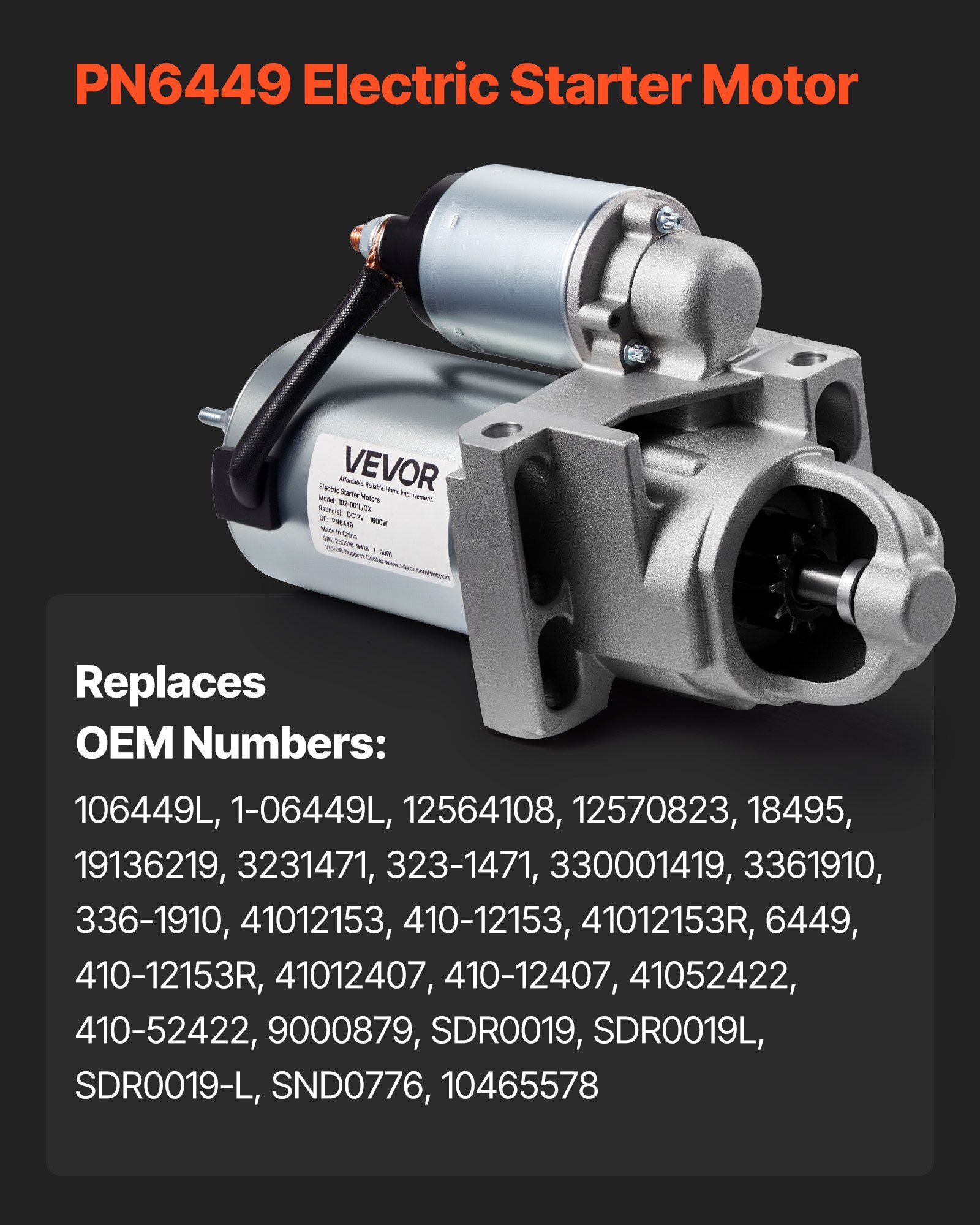 VEVOR Starter 6449, Starter Motor Replacement Compatible with Oldsmobile Bravada V6 4.3L 96-98, Isuzu Hombre V6 4.3L 97-98, GMC Yukon XL 2500 V8 8.1L 01-02, OEM 106449L 12564108 9000879 410-12153R