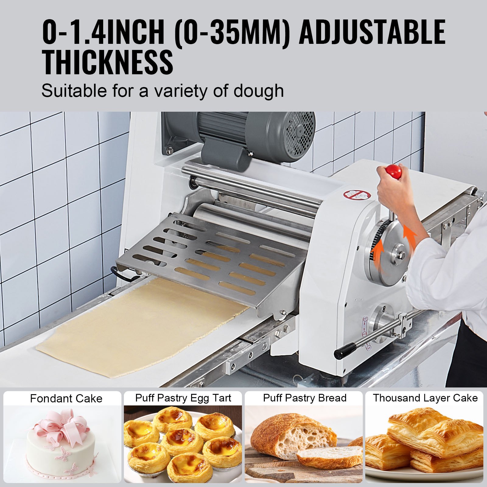 VEVOR Commercial Dough Sheeter Machine, 19.7-Inch Reversible Puff Pastry Sheeter and Fondant Roller, Electric Dough Roller 0-1.4" Adjustable Thickness, Folding Dough Sheeter for Bakeries, Pastries