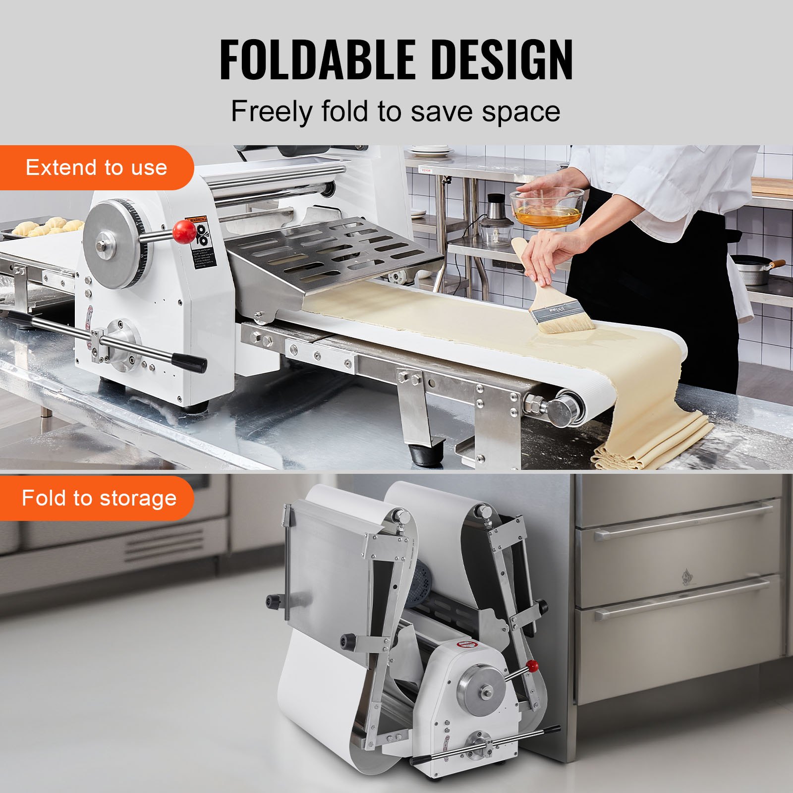 VEVOR Commercial Dough Sheeter Machine, 19.7-Inch Reversible Puff Pastry Sheeter and Fondant Roller, Electric Dough Roller 0-1.4" Adjustable Thickness, Folding Dough Sheeter for Bakeries, Pastries