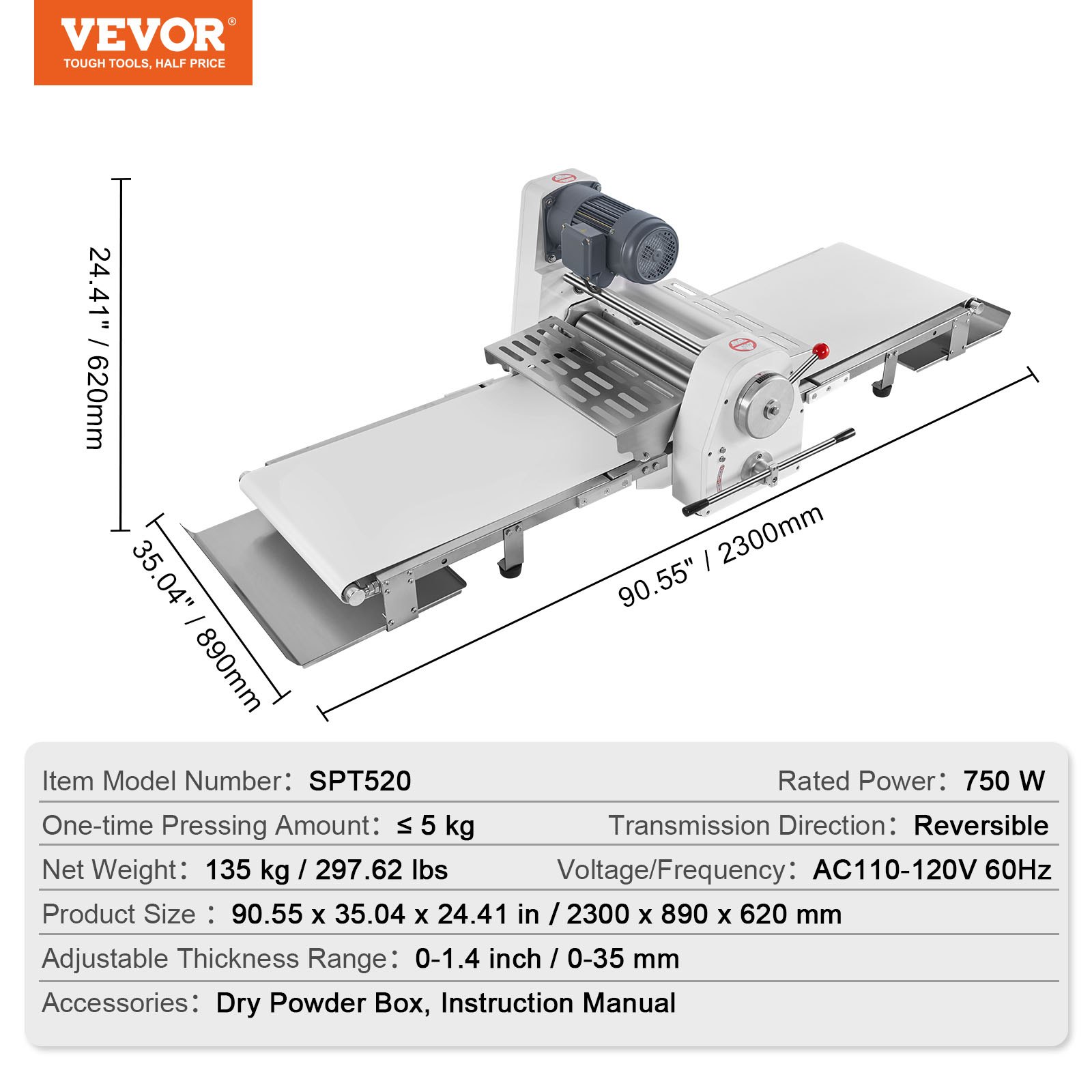 VEVOR Commercial Dough Sheeter Machine, 19.7-Inch Reversible Puff Pastry Sheeter and Fondant Roller, Electric Dough Roller 0-1.4" Adjustable Thickness, Folding Dough Sheeter for Bakeries, Pastries