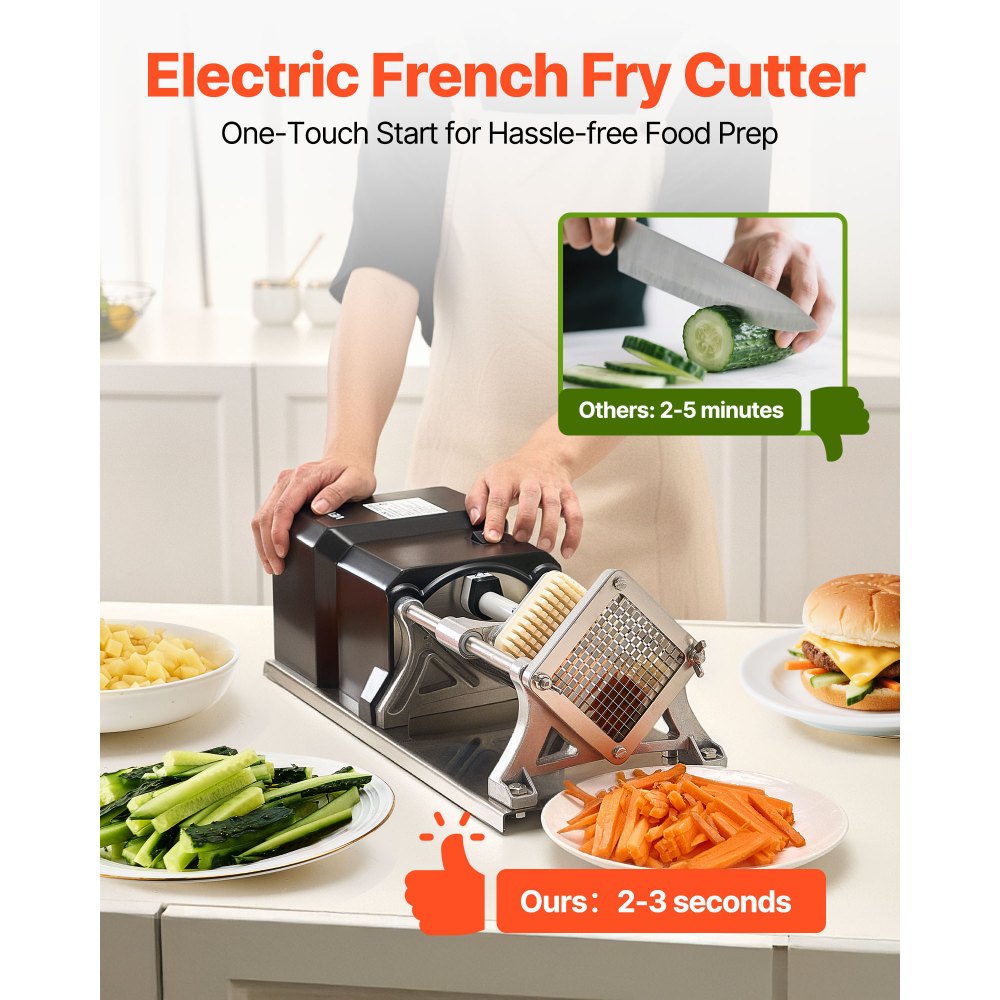 VEVOR Commercial French Fry Cutter, Stainless Steel Vegetable Fruit Chopper with 3 Replacement Blades 1/2-Inch 3/8-Inch 1/4-Inch, Electric Potato Slicer Dicer for Restaurants & Home Kitchen