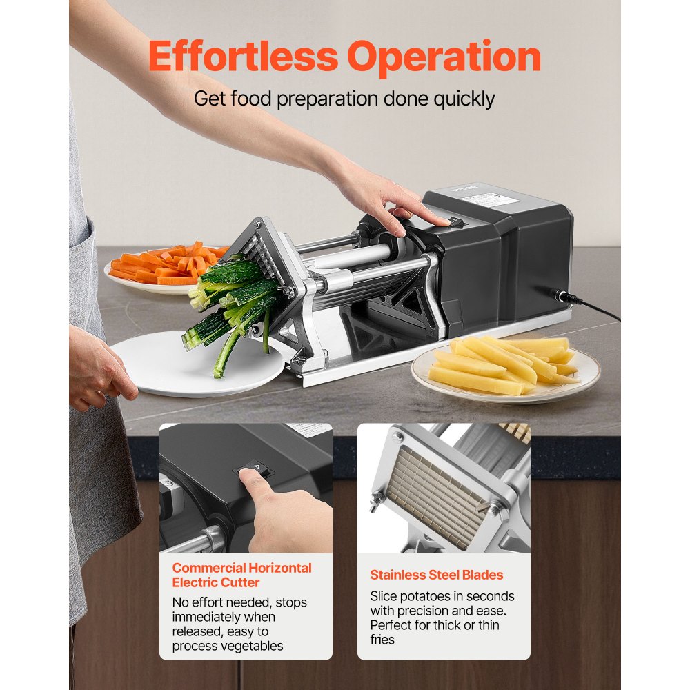 VEVOR Commercial French Fry Cutter, Stainless Steel Vegetable Fruit Chopper with 3 Replacement Blades 1/2-Inch 3/8-Inch 1/4-Inch, Electric Potato Slicer Dicer for Restaurants & Home Kitchen