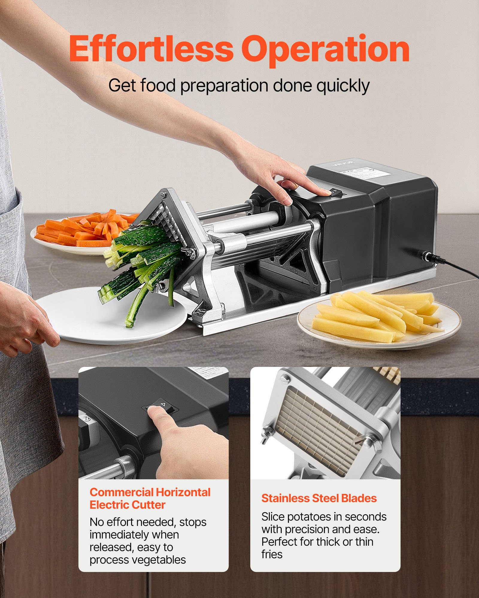 VEVOR Commercial French Fry Cutter, Stainless Steel Vegetable Fruit Chopper with 3 Replacement Blades 1/2-Inch 3/8-Inch 1/4-Inch, Electric Potato Slicer Dicer for Restaurants & Home Kitchen
