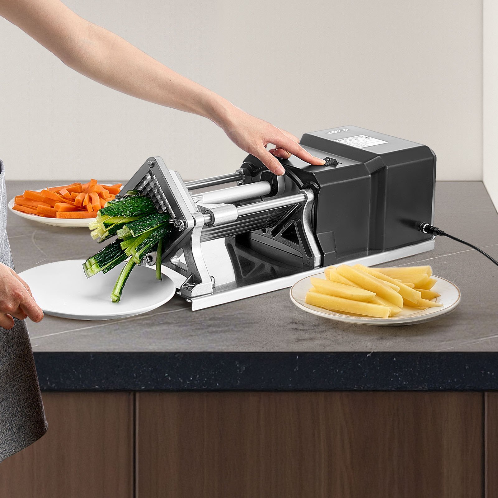 VEVOR Commercial French Fry Cutter, Stainless Steel Vegetable Fruit Chopper with 3 Replacement Blades 1/2-Inch 3/8-Inch 1/4-Inch, Electric Potato Slicer Dicer for Restaurants & Home Kitchen