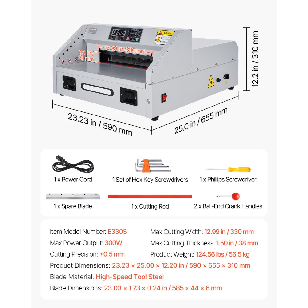 VEVOR Electric Paper Cutter, 300W Heavy Duty Paper Cutter Machine 11.8 in / 330 mm Cutting Width, 1.5 in / 38 mm Cutting Thickness, Electric Guillotine Trimmer with Casters & Infrared Function