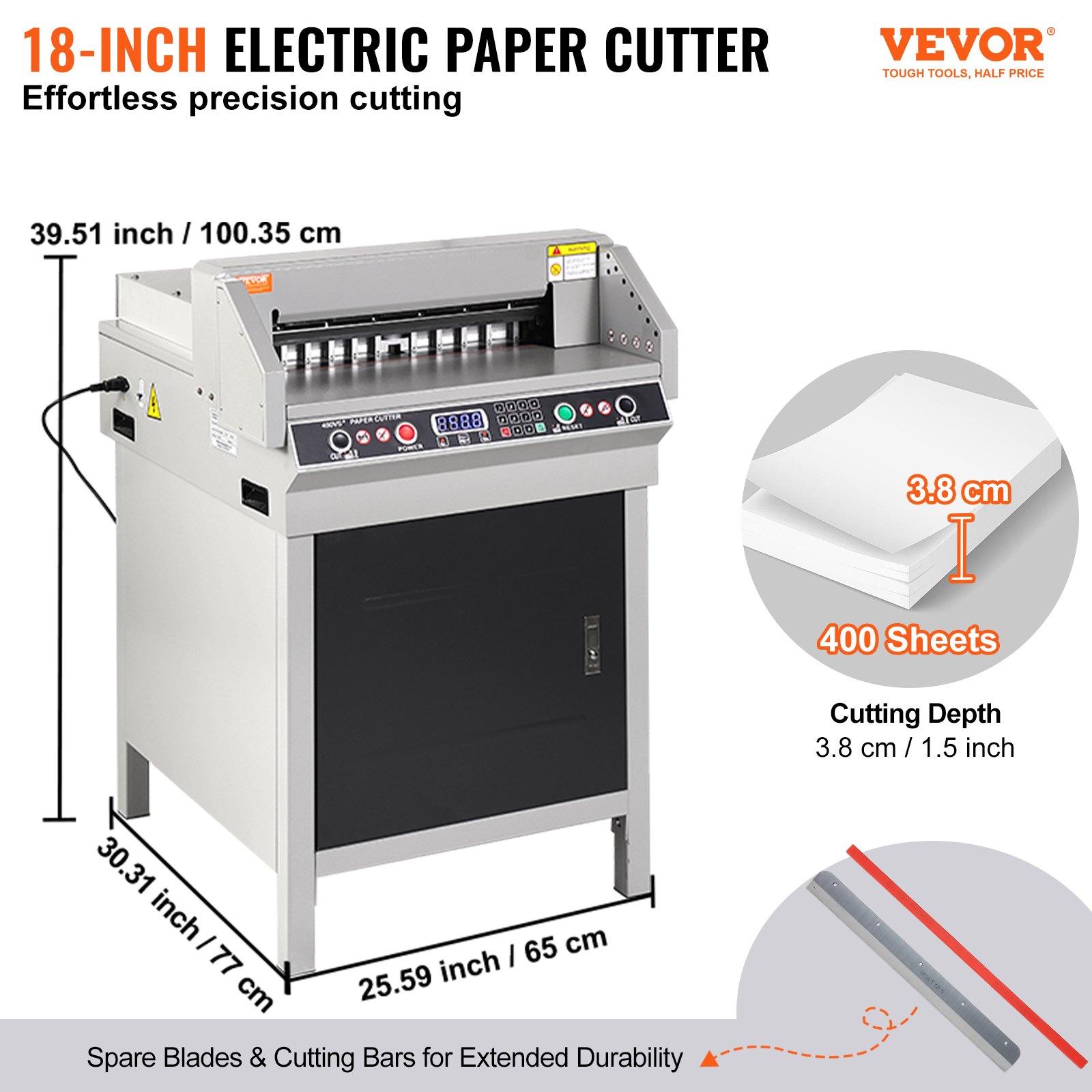 VEVOR Electric Hydraulic Paper Cutter, Heavy Duty Paper Cutter Machine, 1.57 in / 40 mm Cutting Thickness, 18 in / 457.2 mm Cutting Width, Industrial Paper Trimmer with Button Control