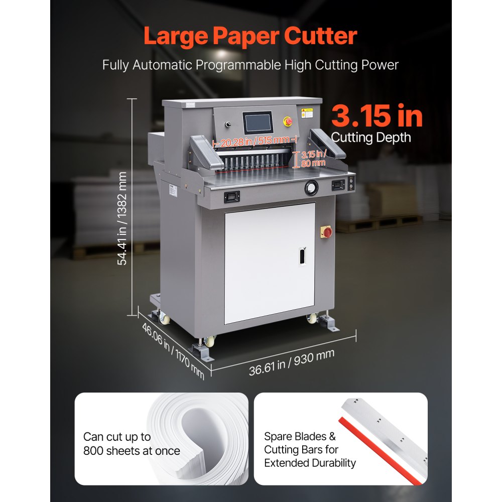 VEVOR Electric Paper Cutter, 1100W Heavy Duty Paper Cutter Machine 20.3 in / 515 mm Cutting Width, 3.1 in / 80 mm Cutting Thickness, Electric Guillotine Trimmer with Casters & 7 in Touchscreen