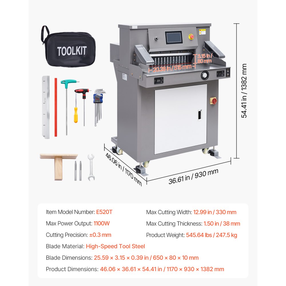 VEVOR Electric Paper Cutter, 1100W Heavy Duty Paper Cutter Machine 20.3 in / 515 mm Cutting Width, 3.1 in / 80 mm Cutting Thickness, Electric Guillotine Trimmer with Casters & 7 in Touchscreen