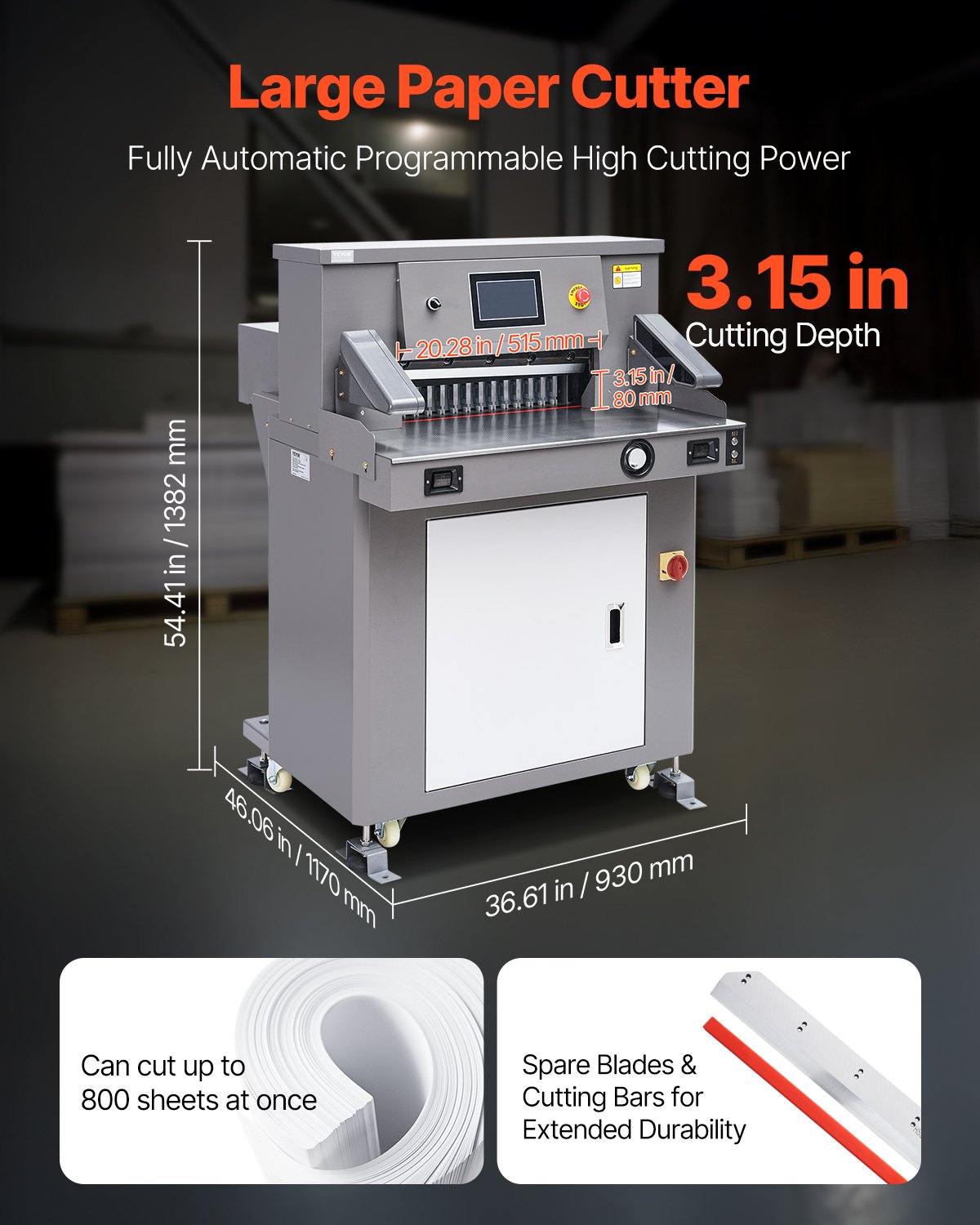 VEVOR Electric Paper Cutter, 1100W Heavy Duty Paper Cutter Machine 20.3 in / 515 mm Cutting Width, 3.1 in / 80 mm Cutting Thickness, Electric Guillotine Trimmer with Casters & 7 in Touchscreen